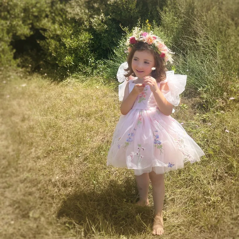 Sage Flower Girl Dresses or Junior Bridesmaid Outfit for Forest Wedding Party, Embroidered Tulle Gown