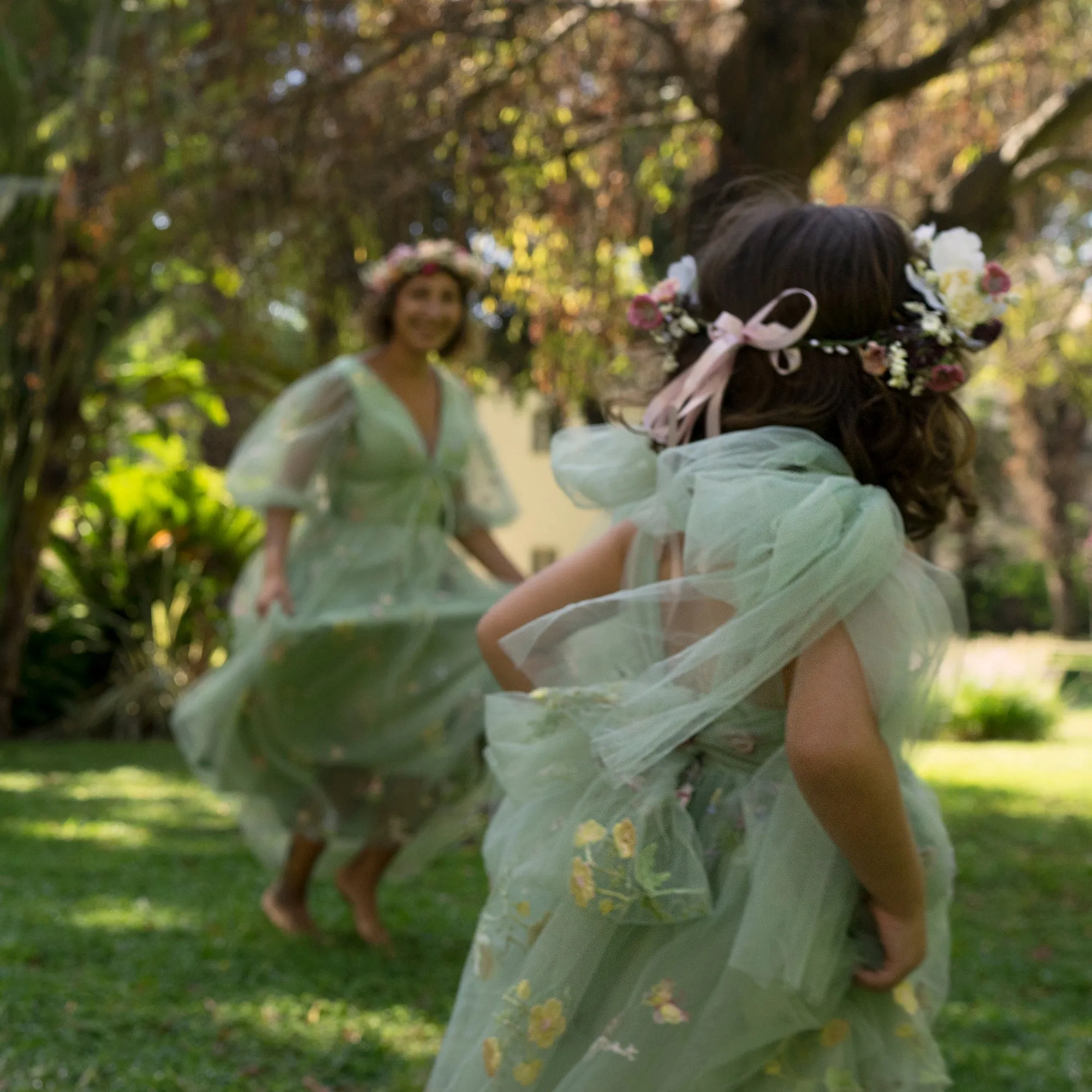 Sage Flower Girl Dresses or Junior Bridesmaid Outfit for Forest Wedding Party, Embroidered Tulle Gown