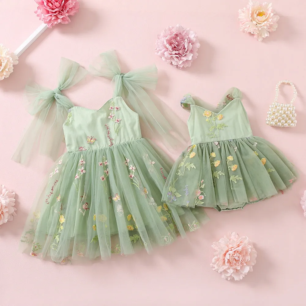 Sage Flower Girl Dresses or Junior Bridesmaid Outfit for Forest Wedding Party, Embroidered Tulle Gown