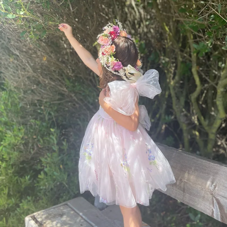Sage Flower Girl Dresses or Junior Bridesmaid Outfit for Forest Wedding Party, Embroidered Tulle Gown