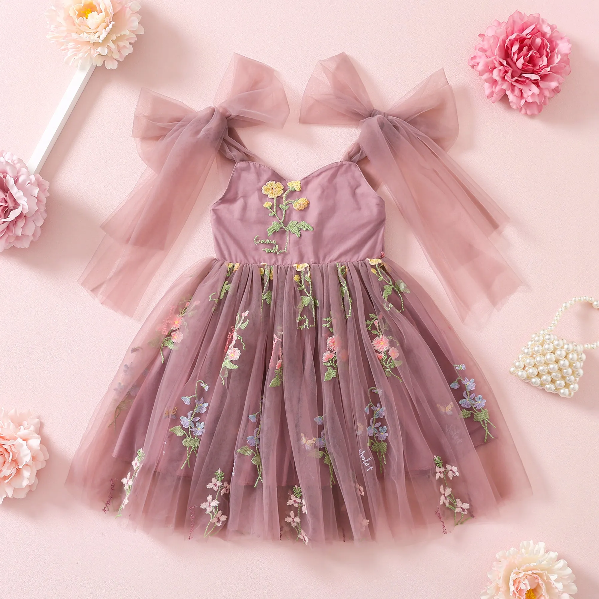 Sage Flower Girl Dresses or Junior Bridesmaid Outfit for Forest Wedding Party, Embroidered Tulle Gown