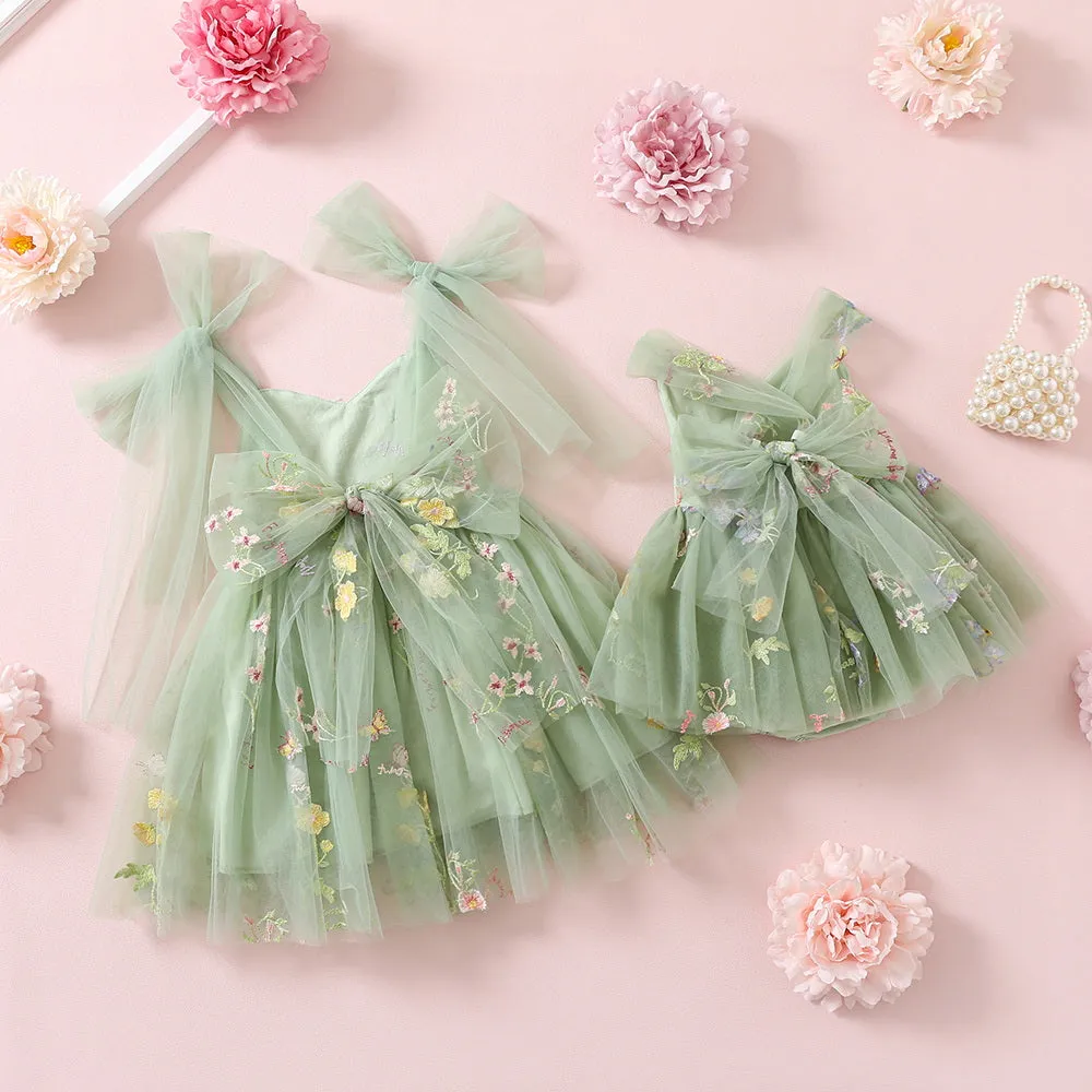 Sage Flower Girl Dresses or Junior Bridesmaid Outfit for Forest Wedding Party, Embroidered Tulle Gown