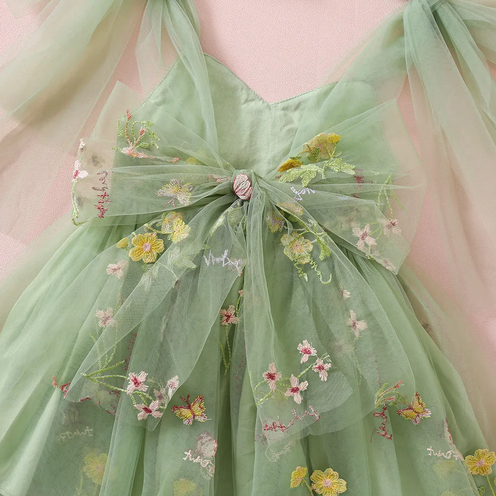 Sage Flower Girl Dresses or Junior Bridesmaid Outfit for Forest Wedding Party, Embroidered Tulle Gown