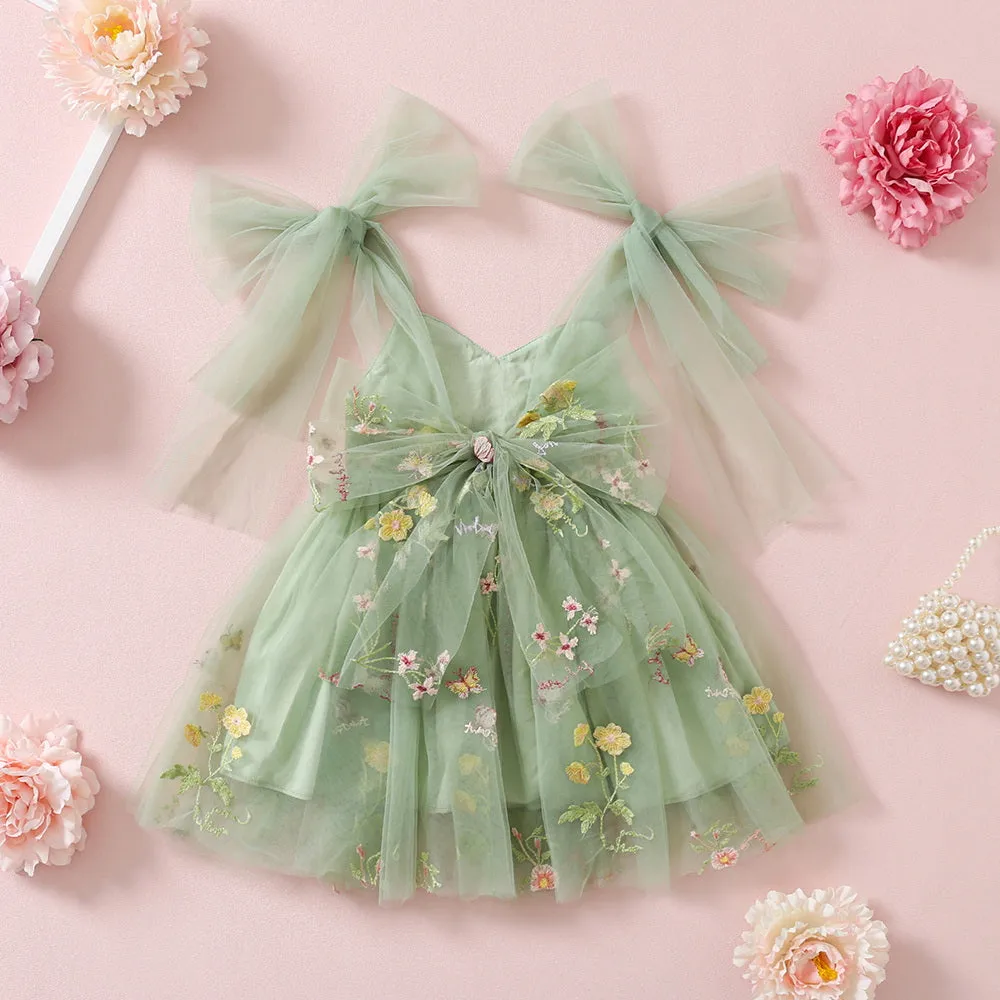 Sage Flower Girl Dresses or Junior Bridesmaid Outfit for Forest Wedding Party, Embroidered Tulle Gown