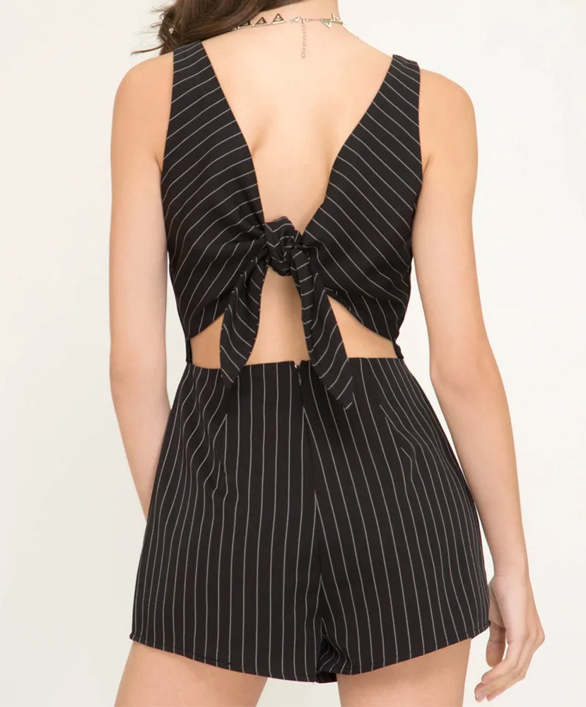 She   Sky - SL7434 - Sleeveless Woven Striped Romper w/ Back Tie Detail