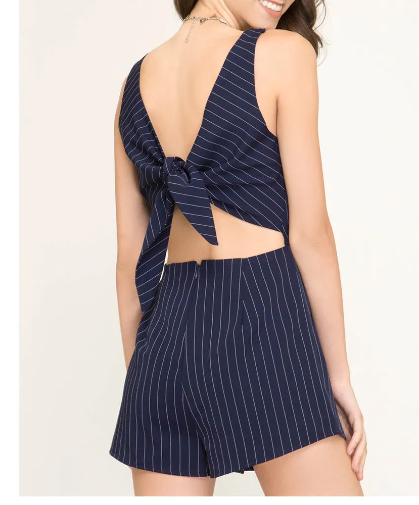 She   Sky - SL7434 - Sleeveless Woven Striped Romper w/ Back Tie Detail