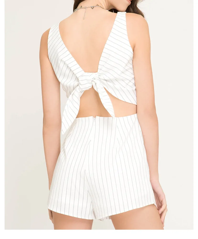 She   Sky - SL7434 - Sleeveless Woven Striped Romper w/ Back Tie Detail