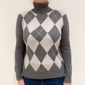Slate Grey Argyle Cashmere Polo Neck Jumper Large