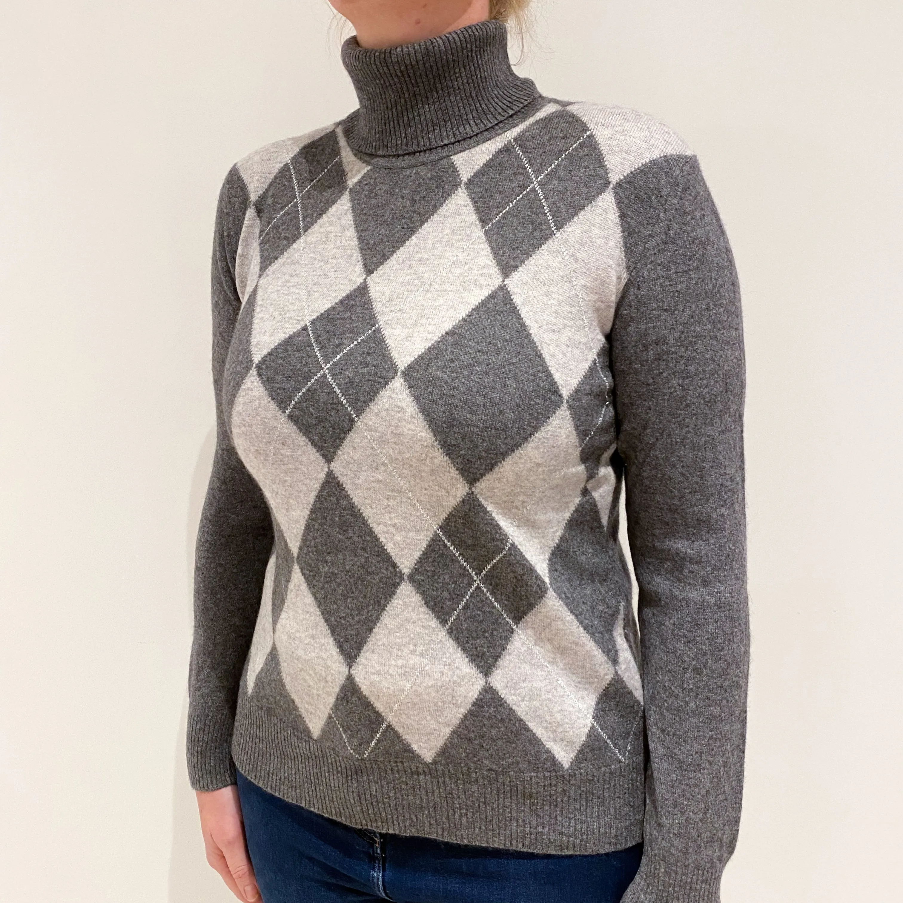 Slate Grey Argyle Cashmere Polo Neck Jumper Large
