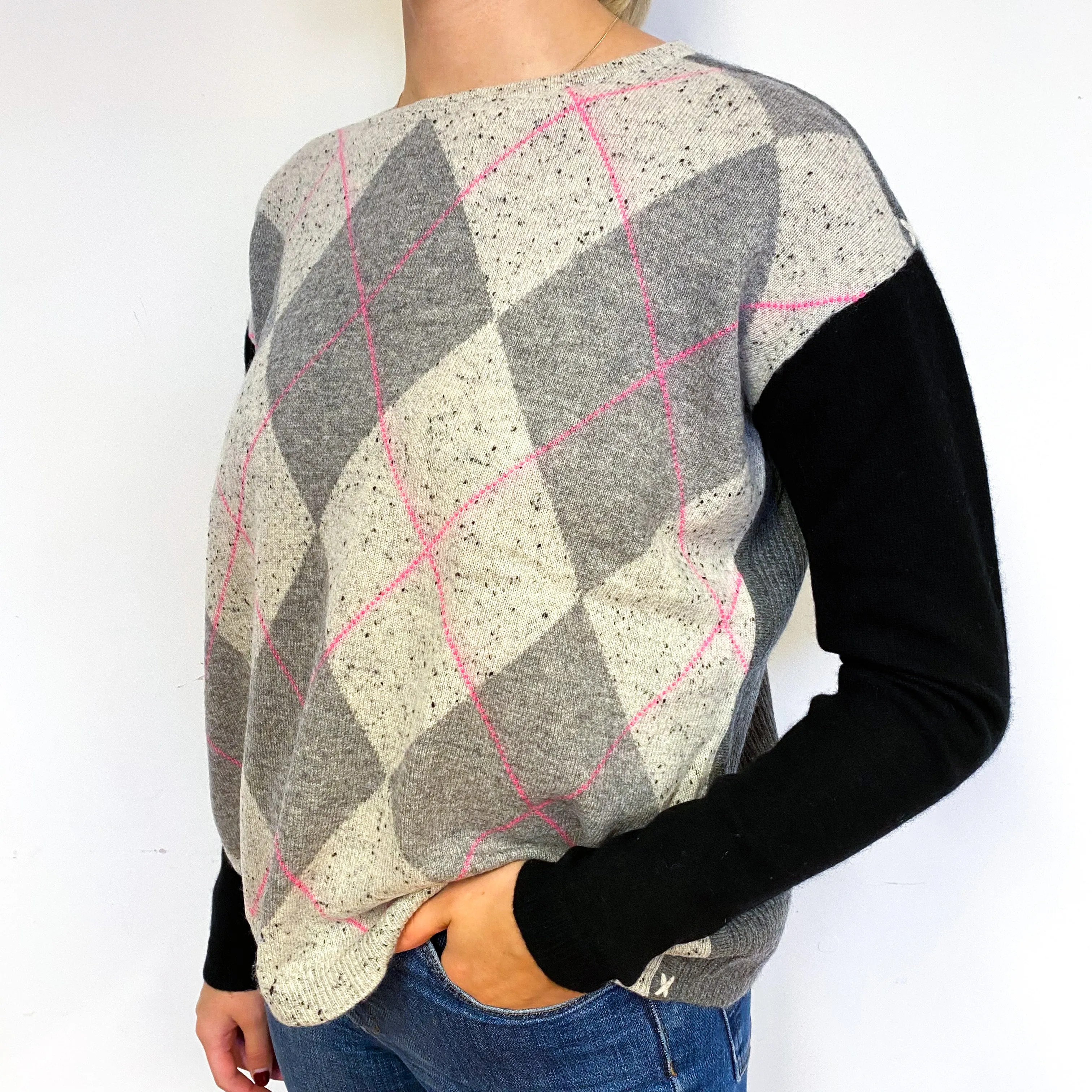 Slouchy Grey Diamond Cashmere Crew Neck Jumper Small