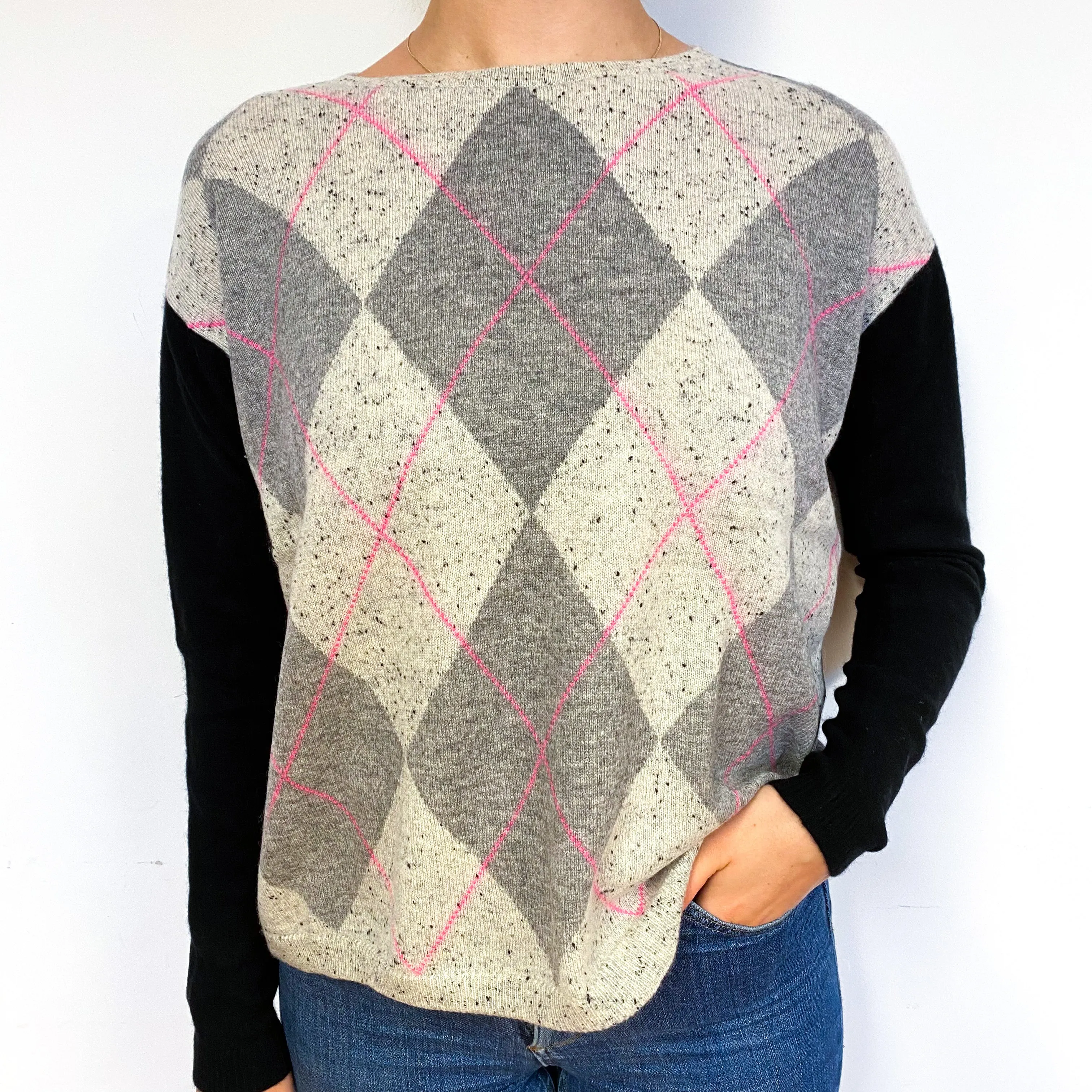 Slouchy Grey Diamond Cashmere Crew Neck Jumper Small