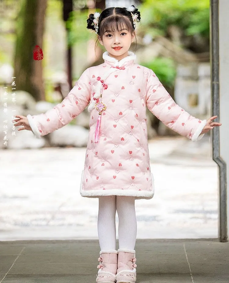 Sweetheart Pattern Wadded Kid's Cheongsam Knee Length Chinese Dress
