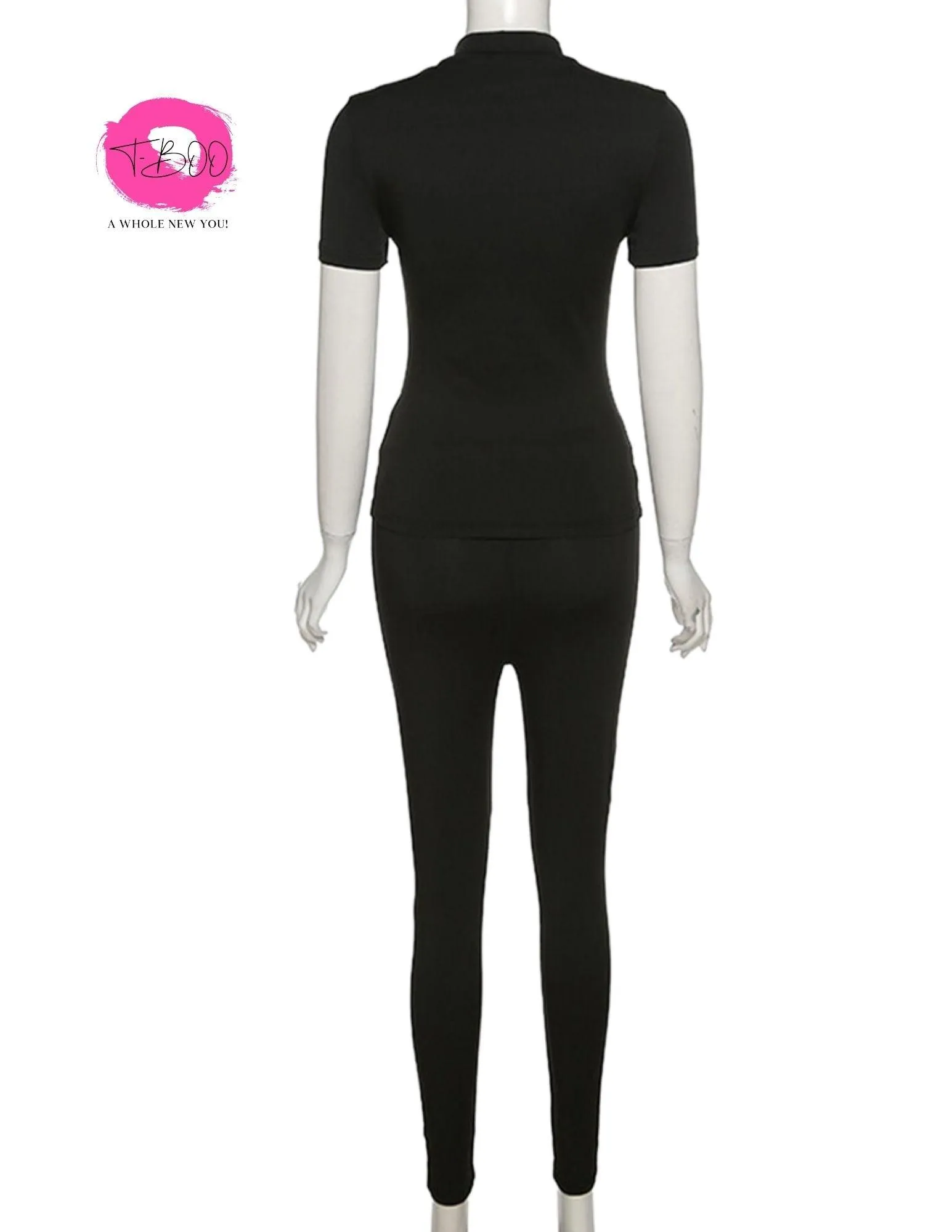 T-BOO Women 2 Piece Set Skinny Fit Tracksuit Short Sleeve Crop Top Leggings Matching Streetwear Outfits