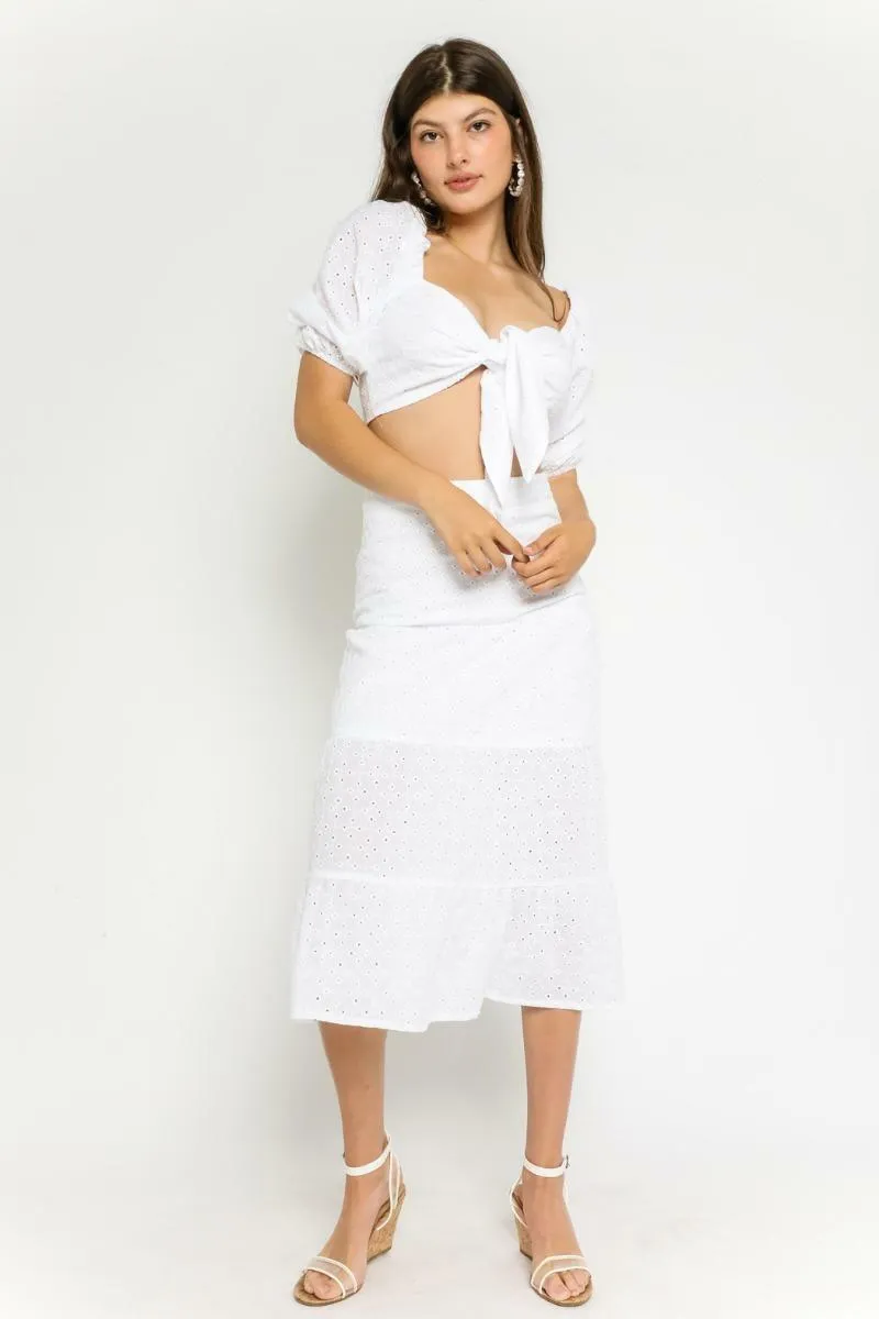 Take Me To Rhodes White Eyelet Midi Skirt