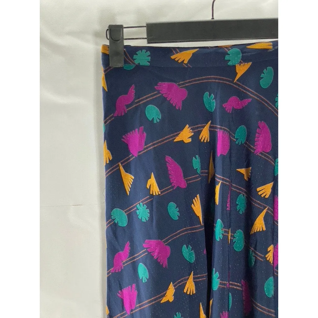 UMI COLLECTION By ANNE CRIMMINS Women's Navy/Multicolor Silk Midi Skirt SZ 4