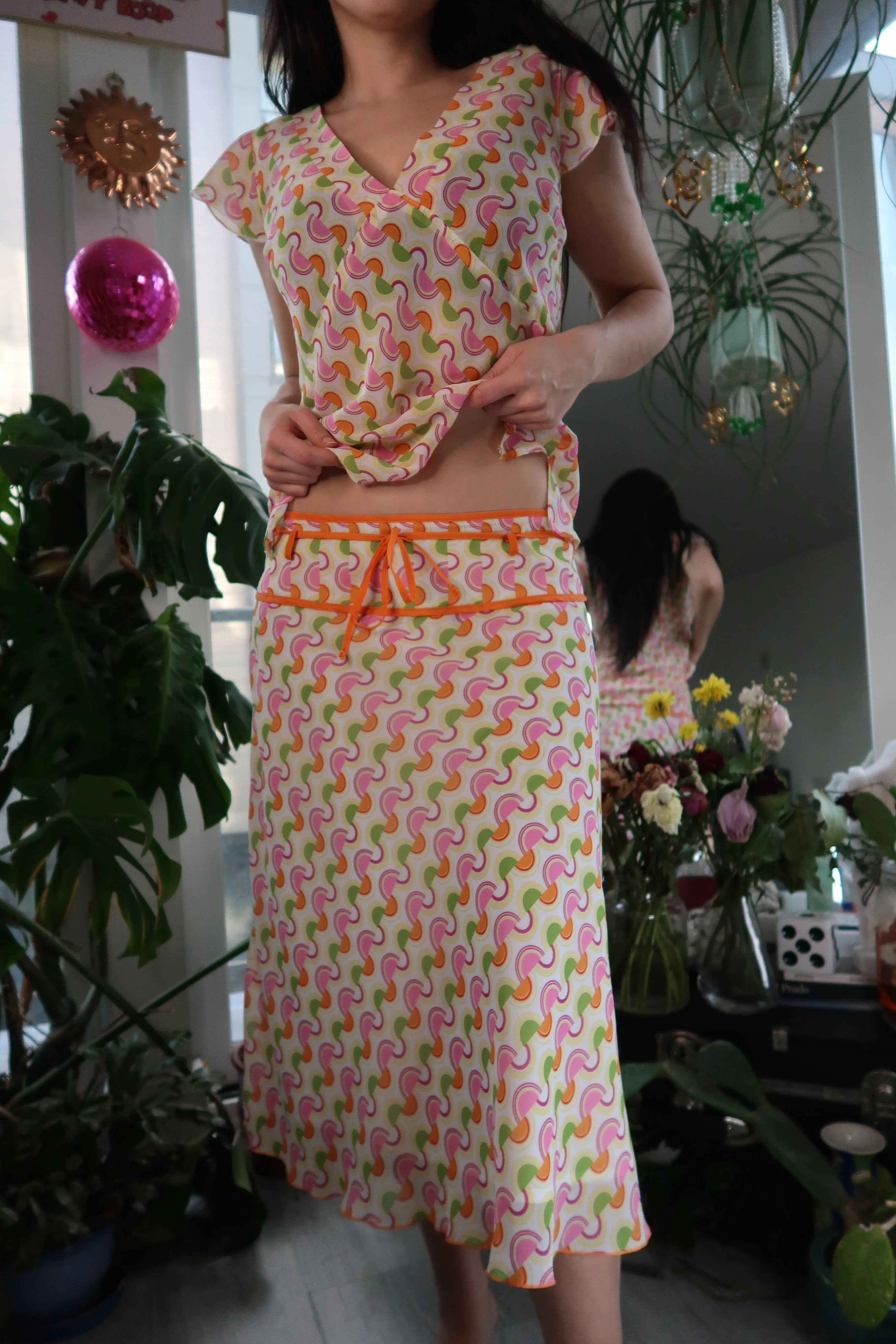 Vintage 2000s Kitschy Pink and Green Patterned Two Piece Set