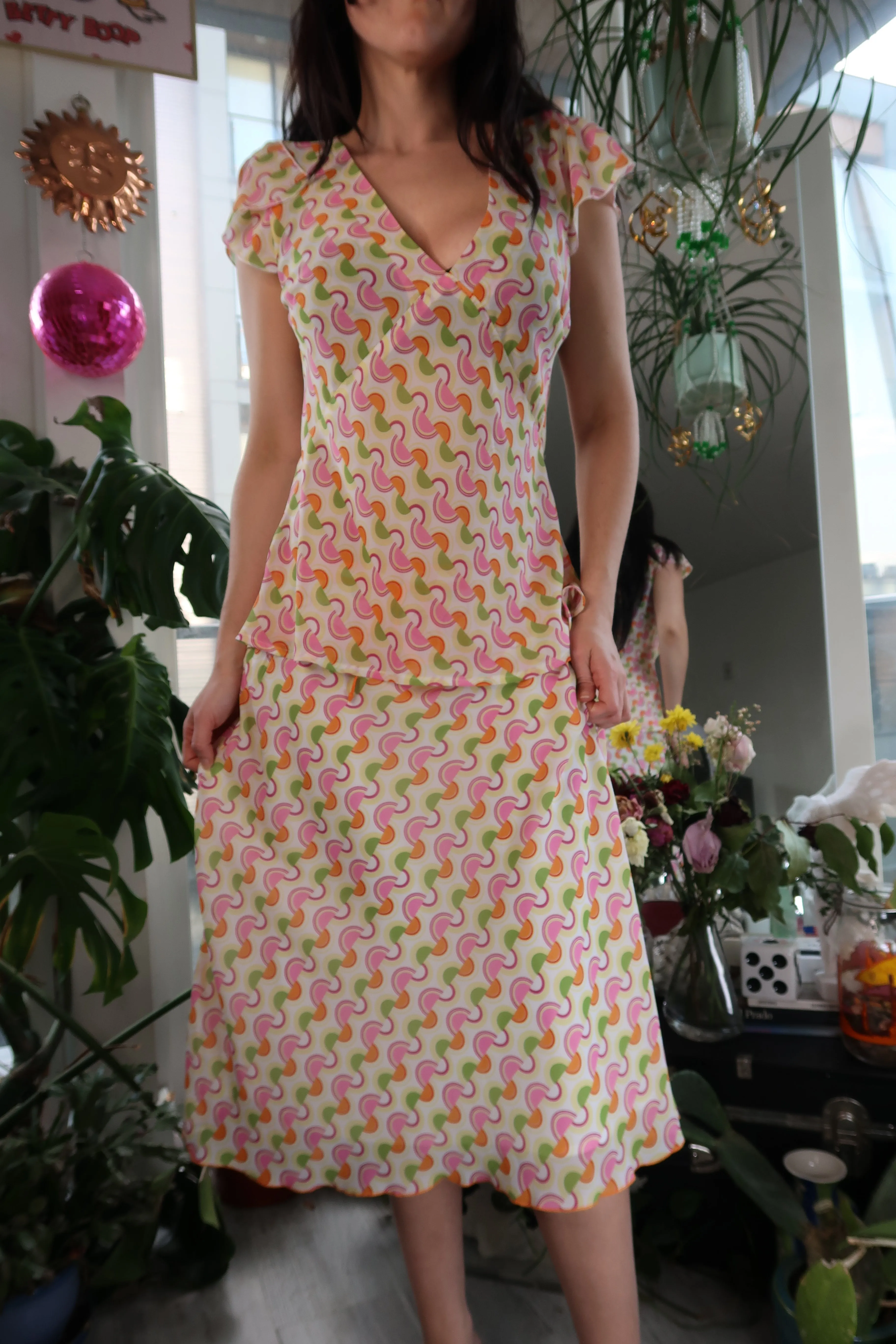 Vintage 2000s Kitschy Pink and Green Patterned Two Piece Set
