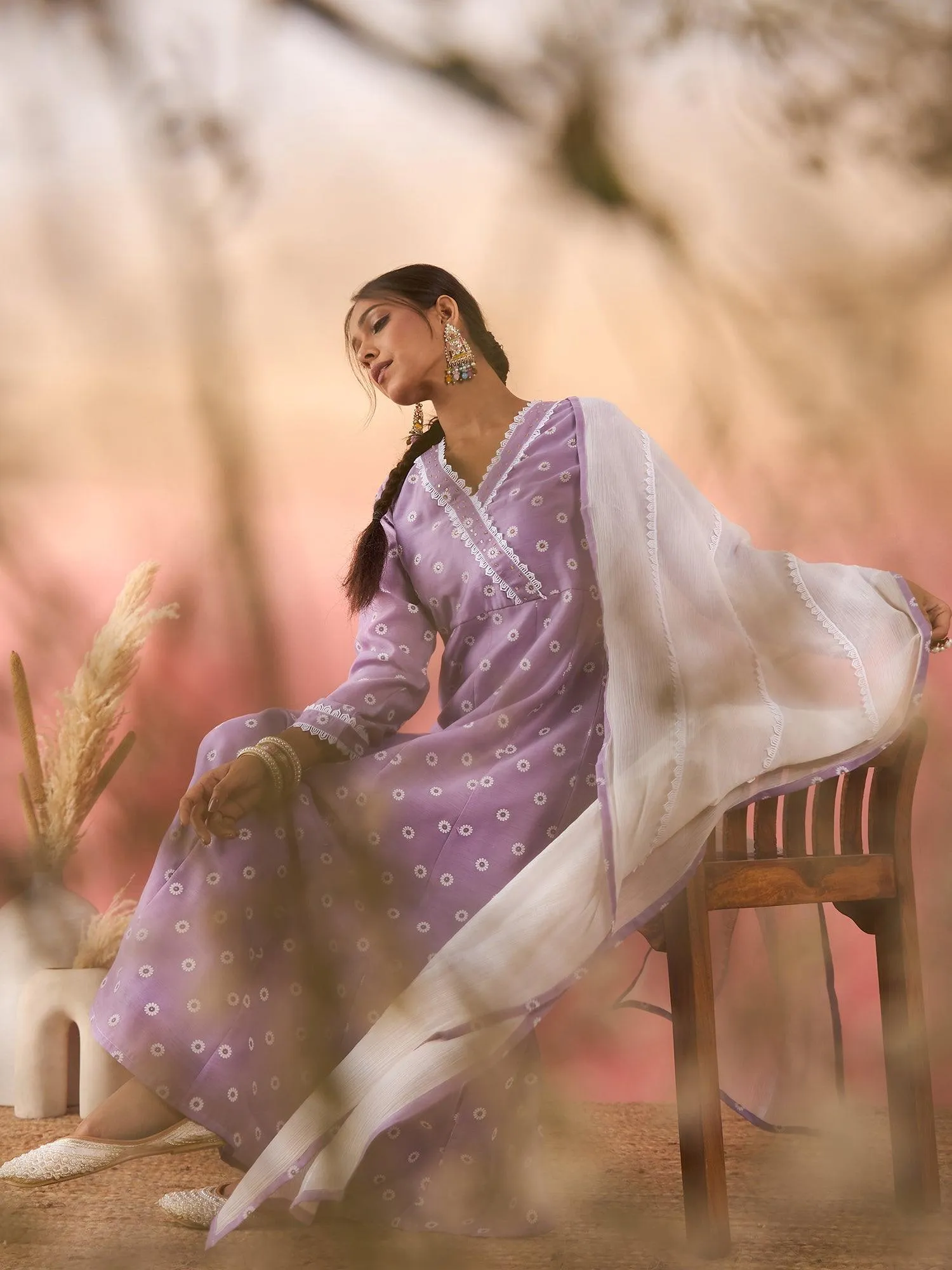 Women Floral Printed Angrakha Chanderi Silk Kurta with Trousers & With Dupatta
