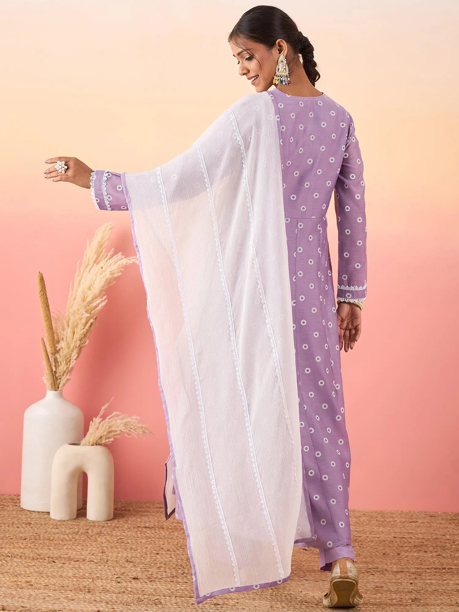 Women Floral Printed Angrakha Chanderi Silk Kurta with Trousers & With Dupatta
