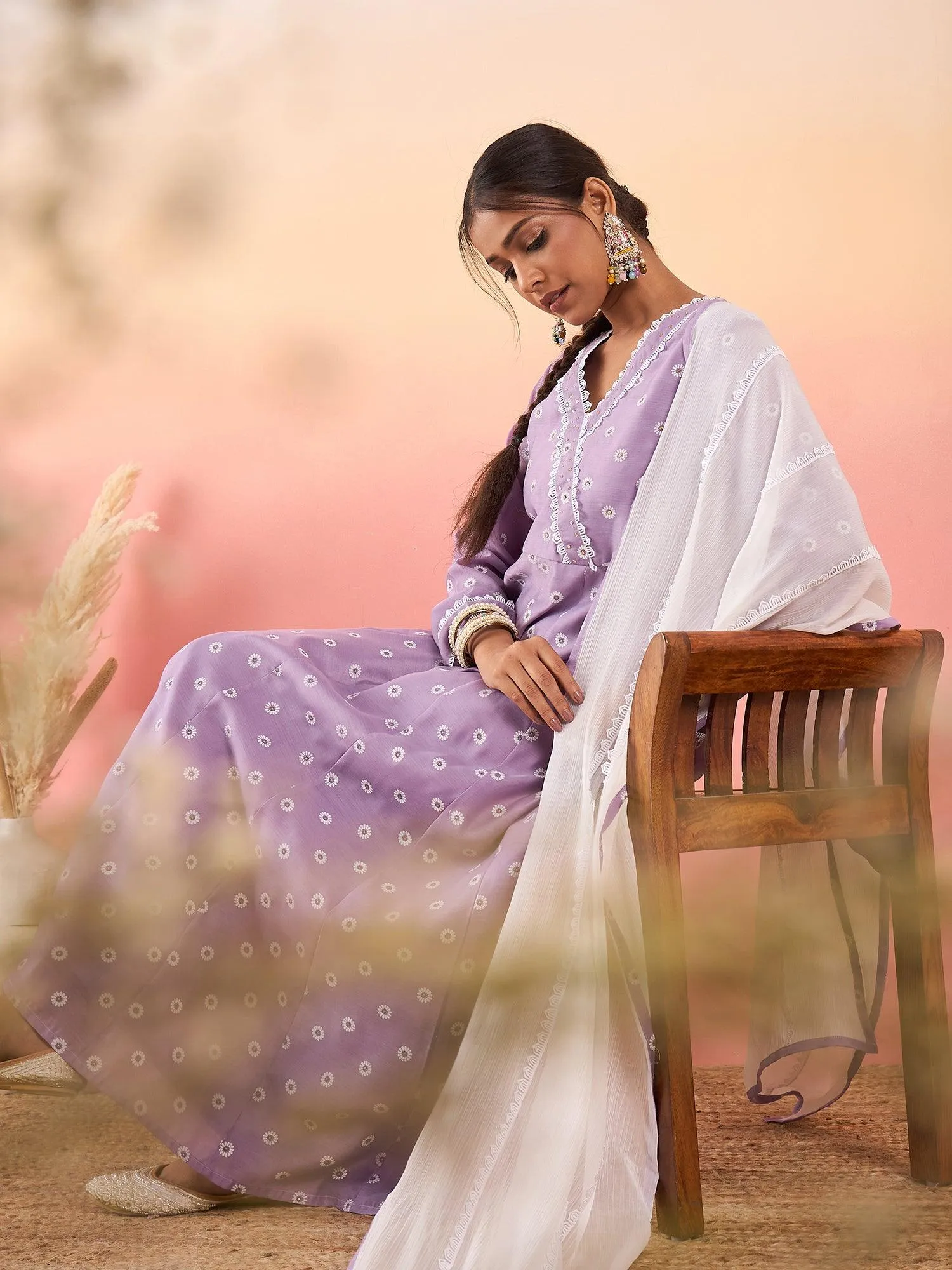 Women Floral Printed Angrakha Chanderi Silk Kurta with Trousers & With Dupatta