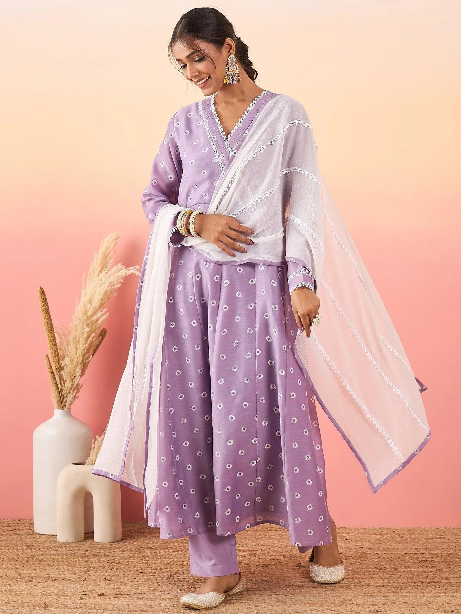 Women Floral Printed Angrakha Chanderi Silk Kurta with Trousers & With Dupatta