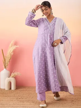 Women Floral Printed Angrakha Chanderi Silk Kurta with Trousers & With Dupatta