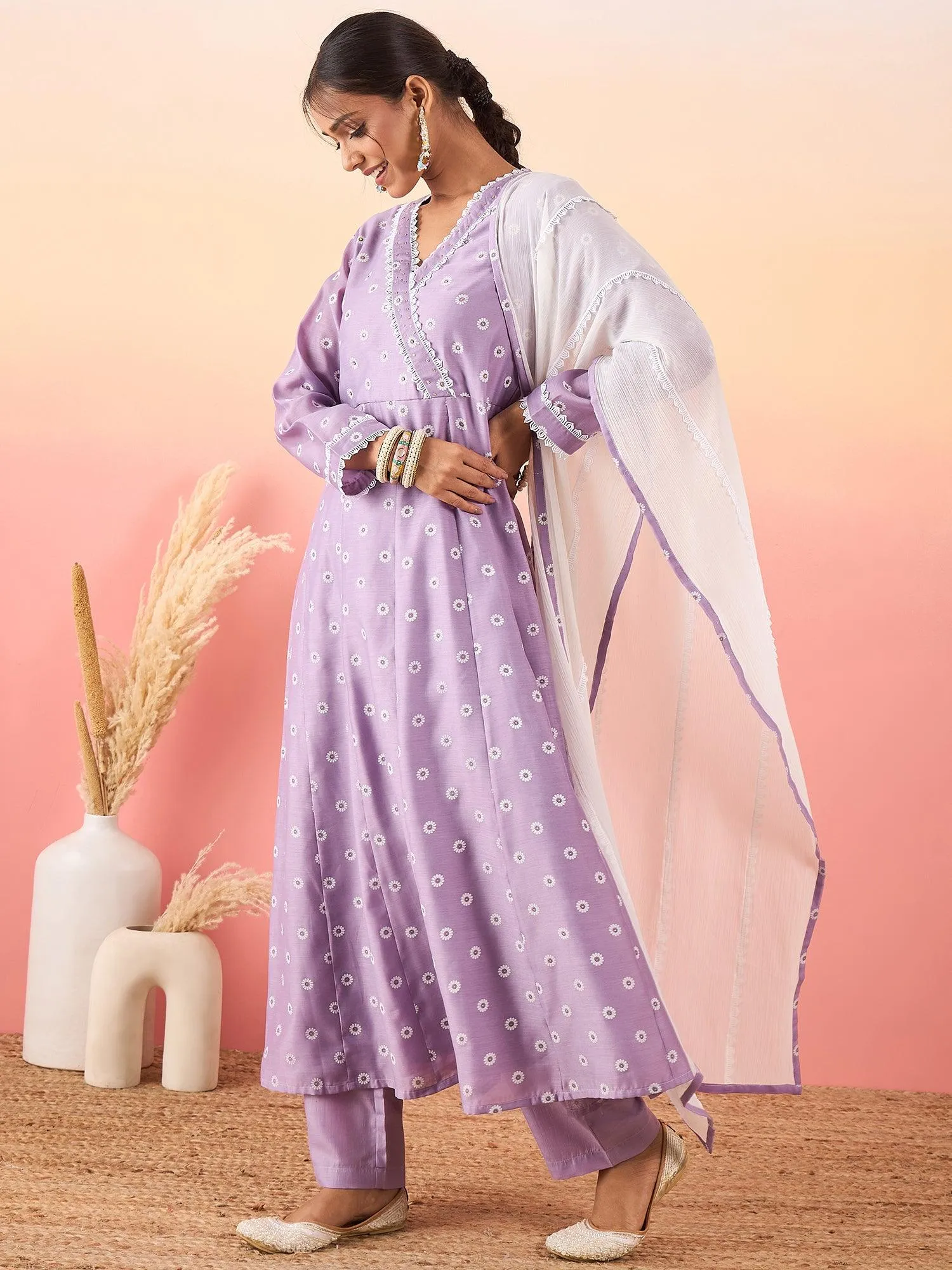 Women Floral Printed Angrakha Chanderi Silk Kurta with Trousers & With Dupatta