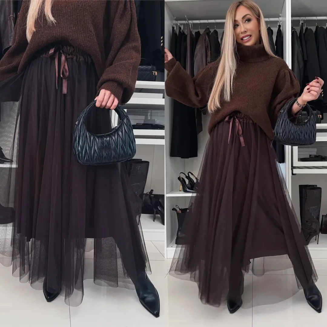 Women Loose Lace Mesh Big Hem Skirt
