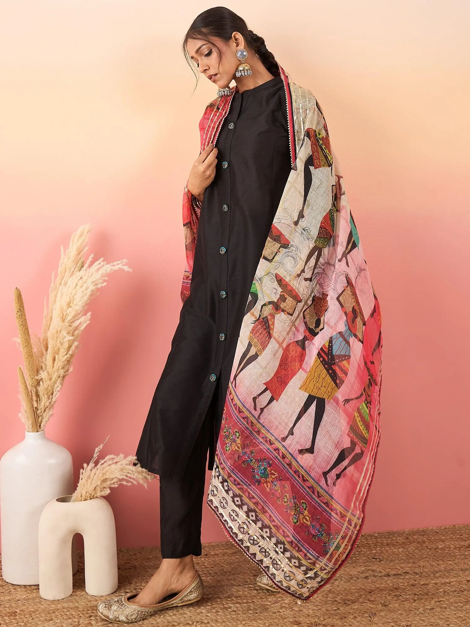 Women Regular Chanderi Silk Kurta with Trousers & With Dupatta