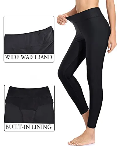 Women Swimming Leggings High Waisted Upf 50  Rash Guard Swimsuit Pants-Black