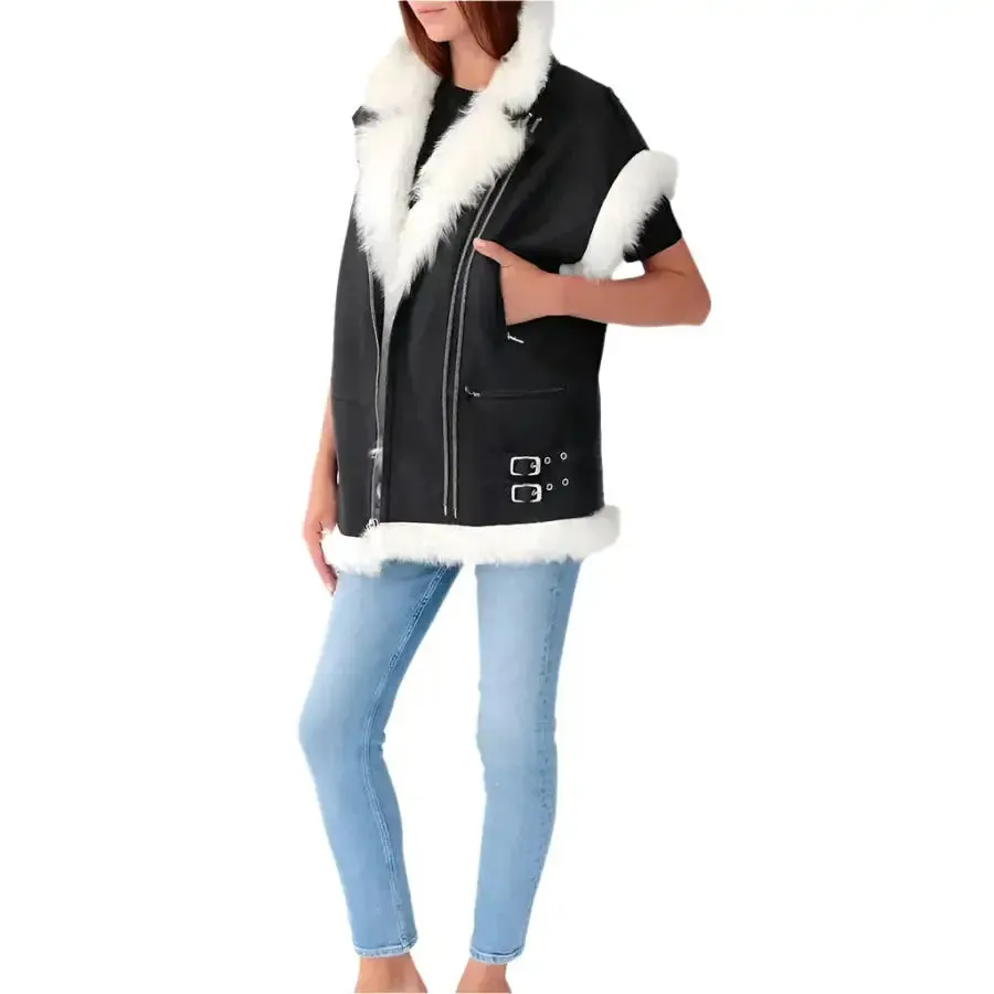 Women's Black Leather Biker Vest – White Fur Trim Stylish Design