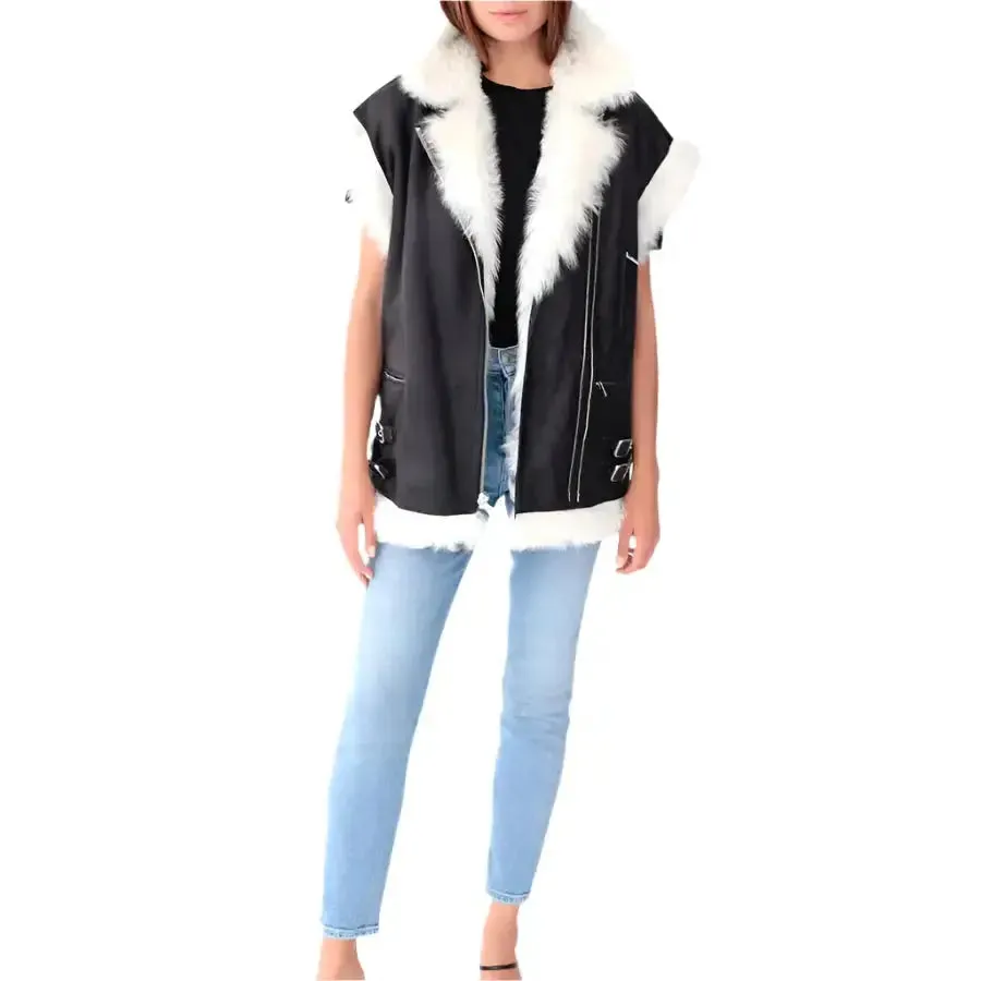 Women's Black Leather Biker Vest – White Fur Trim Stylish Design