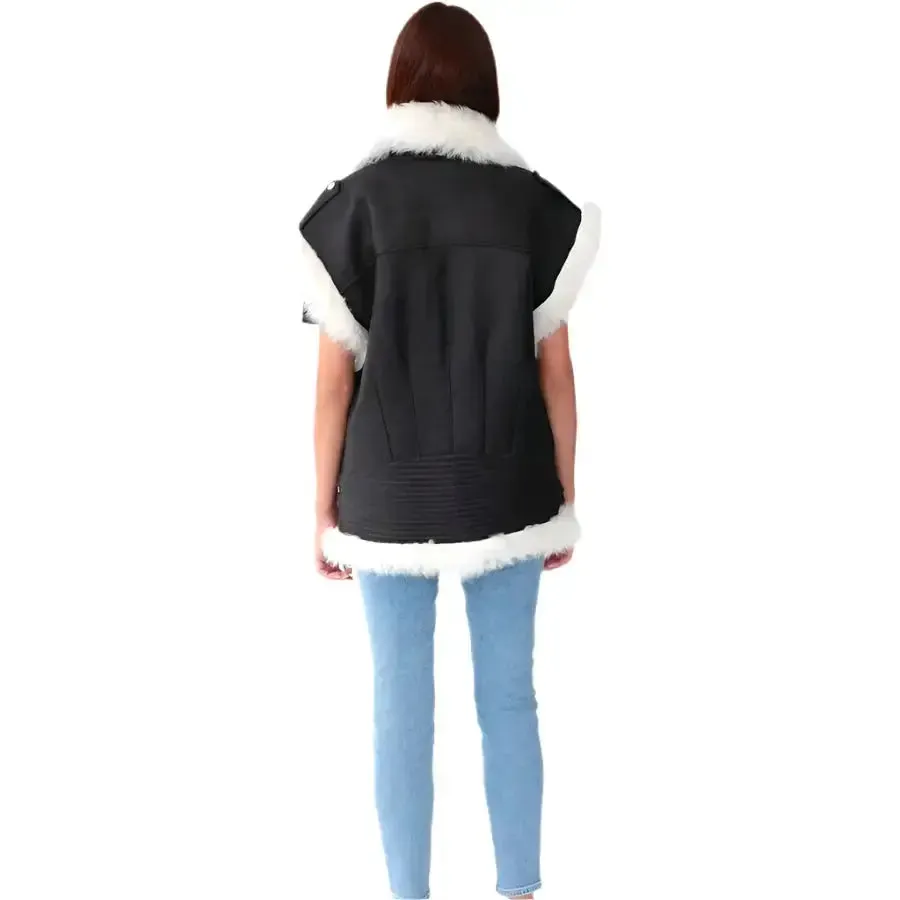 Women's Black Leather Biker Vest – White Fur Trim Stylish Design