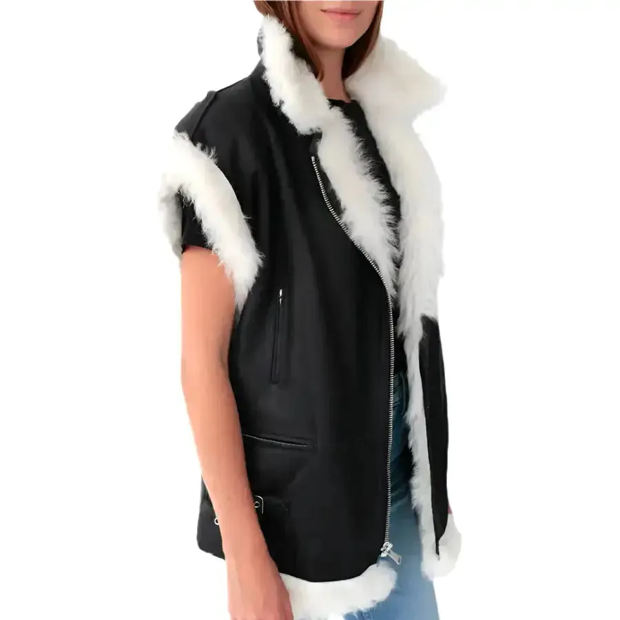 Women's Black Leather Biker Vest – White Fur Trim Stylish Design