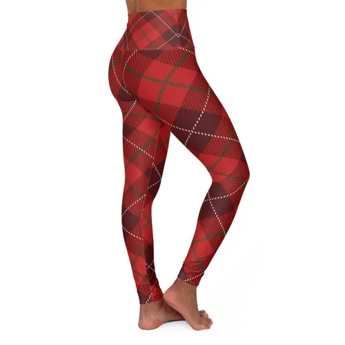 Womens High Waist Fitness Leggings / Yoga Pants - Red Plaid