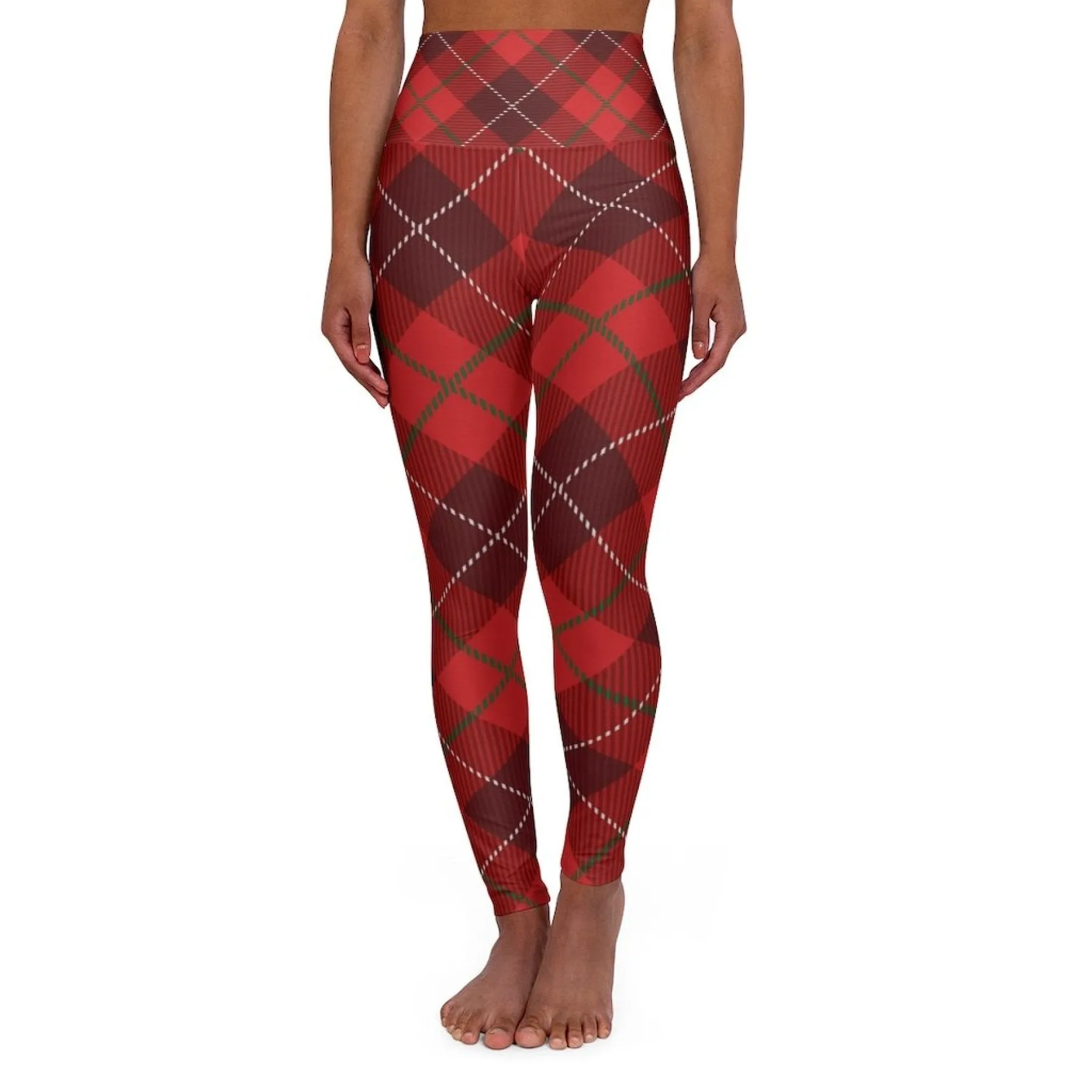 Womens High Waist Fitness Leggings / Yoga Pants - Red Plaid
