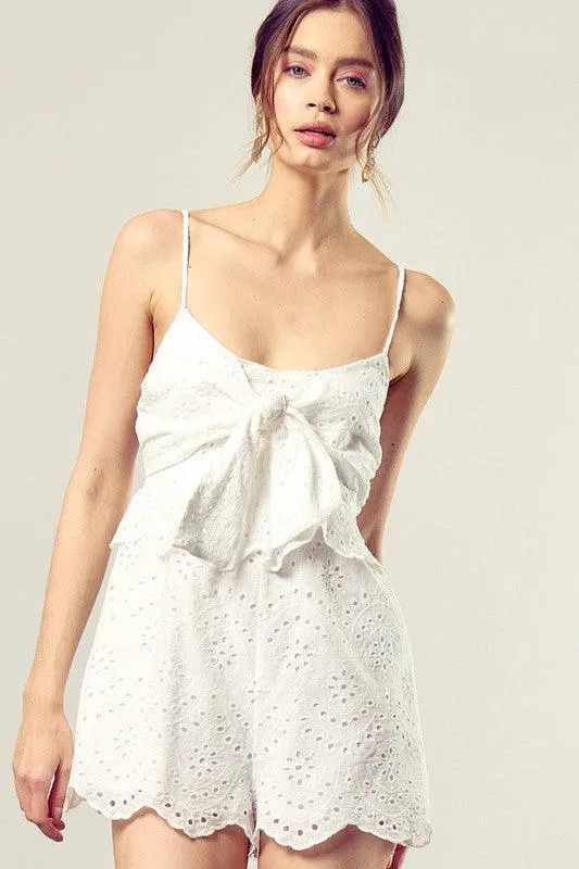 Womens Scallop Edge Front Tie-Up Romper