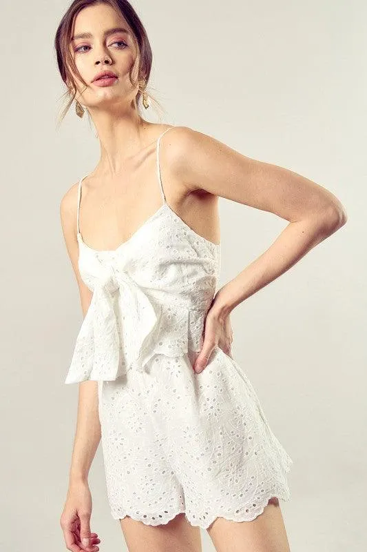 Womens Scallop Edge Front Tie-Up Romper