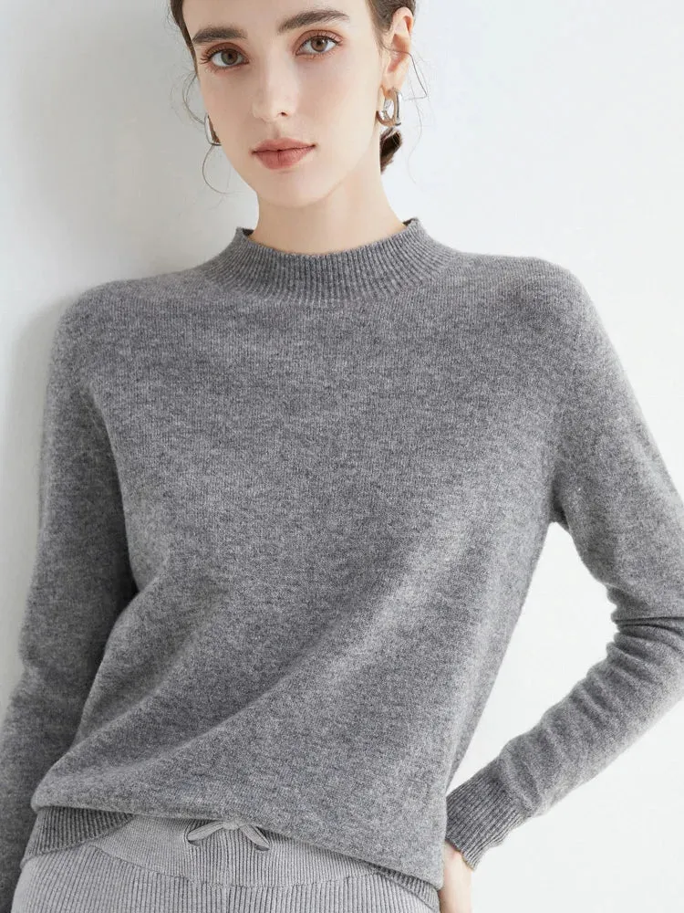 Women's Solid Mock-neck 100% Merino Wool Pullover Sweater