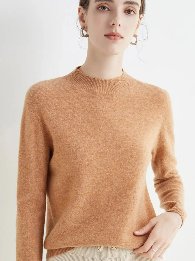 Women's Solid Mock-neck 100% Merino Wool Pullover Sweater
