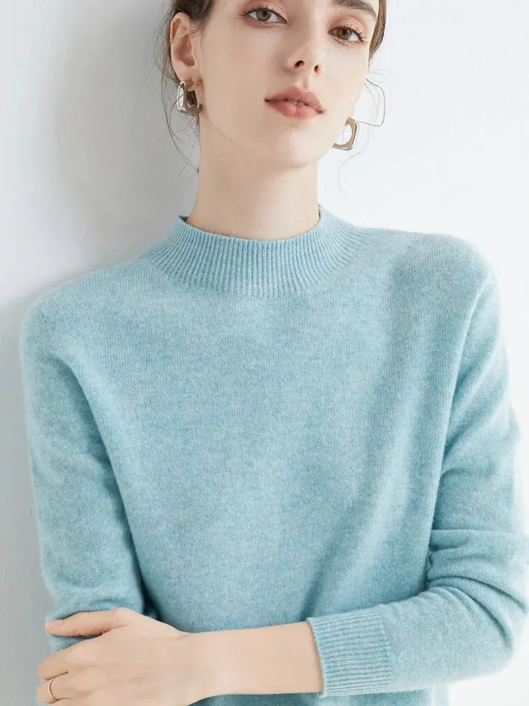 Women's Solid Mock-neck 100% Merino Wool Pullover Sweater