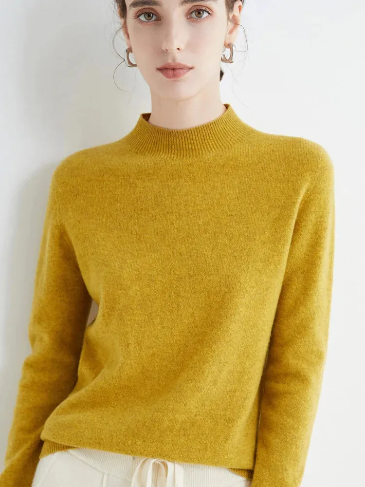Women's Solid Mock-neck 100% Merino Wool Pullover Sweater