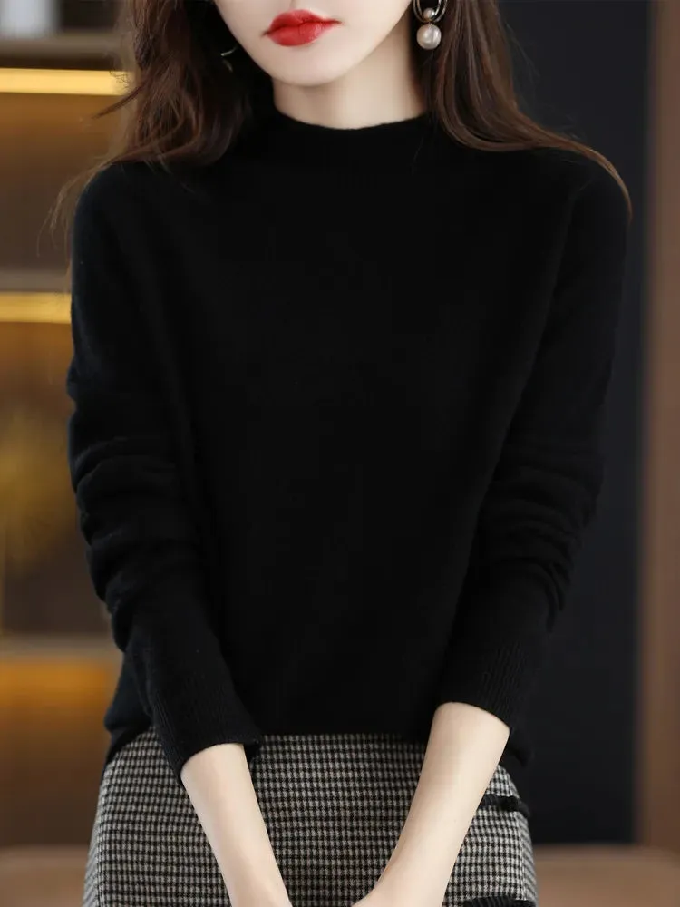Women's Solid Mock-neck 100% Merino Wool Pullover Sweater