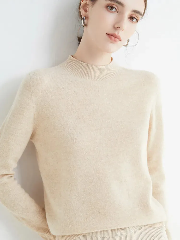 Women's Solid Mock-neck 100% Merino Wool Pullover Sweater