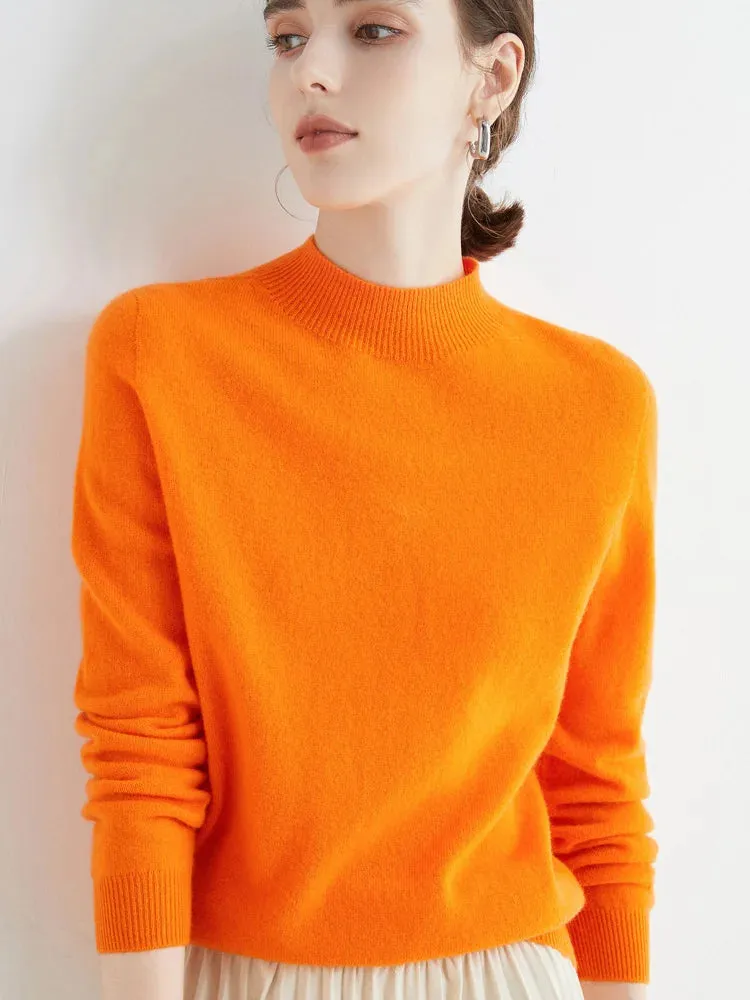 Women's Solid Mock-neck 100% Merino Wool Pullover Sweater