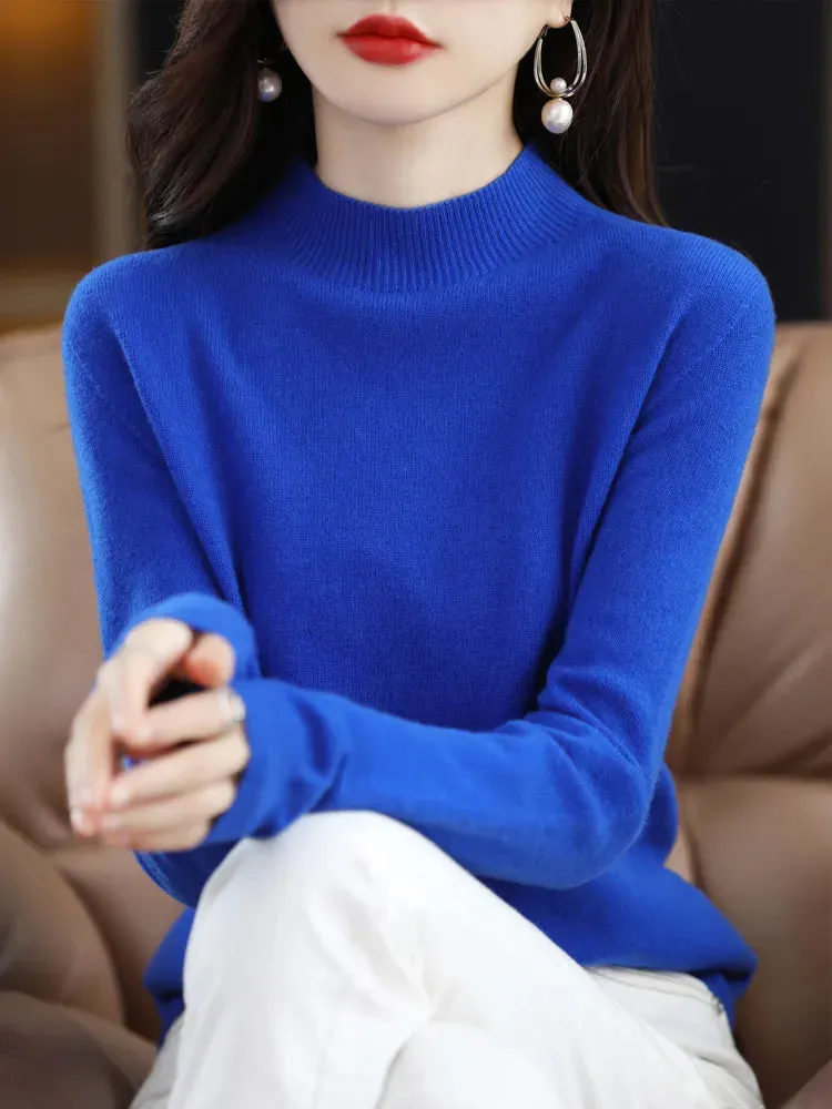 Women's Solid Mock-neck 100% Merino Wool Pullover Sweater