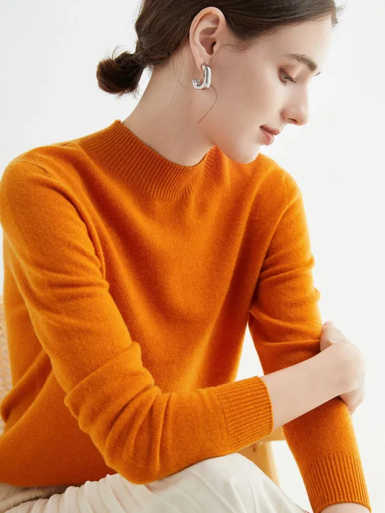 Women's Solid Mock-neck 100% Merino Wool Pullover Sweater