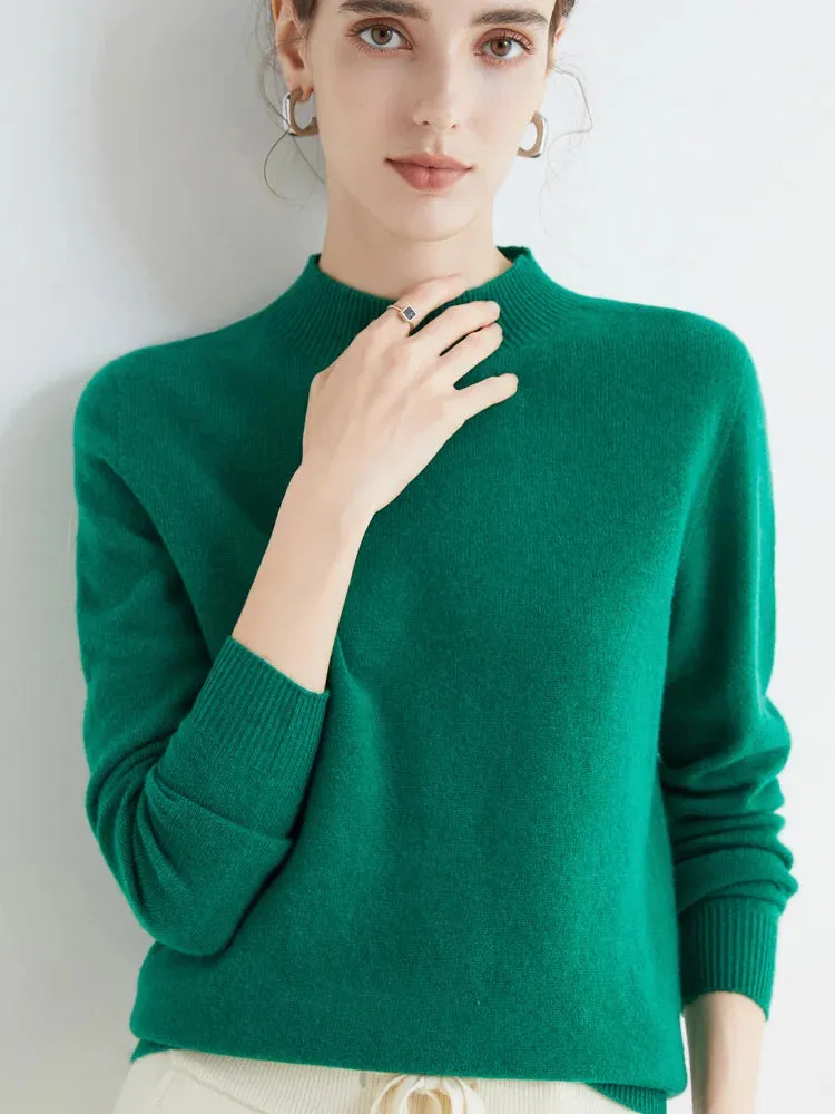 Women's Solid Mock-neck 100% Merino Wool Pullover Sweater