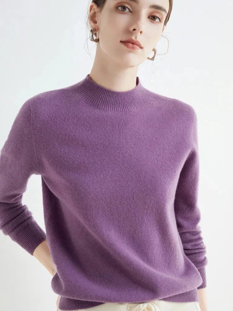 Women's Solid Mock-neck 100% Merino Wool Pullover Sweater