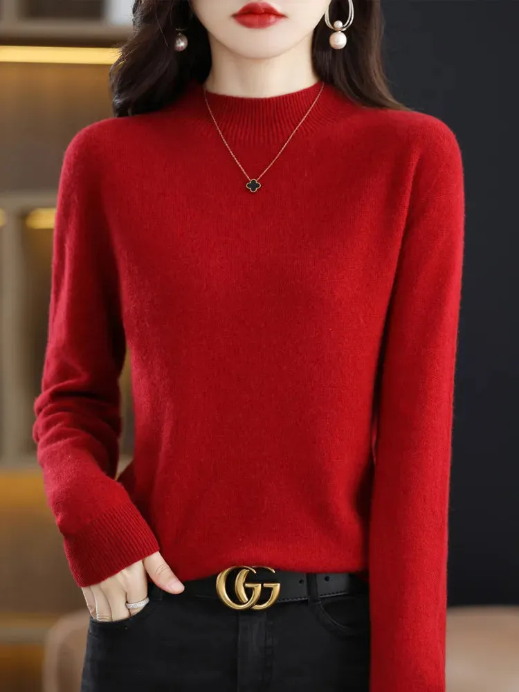 Women's Solid Mock-neck 100% Merino Wool Pullover Sweater